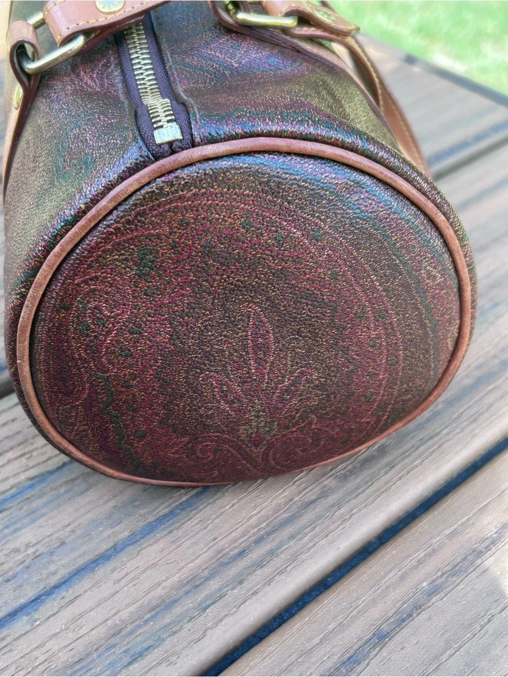 Etro Bordeaux Paisley Barrel Bag Coated Canvas Leather Trim Vintage Y2K Italy